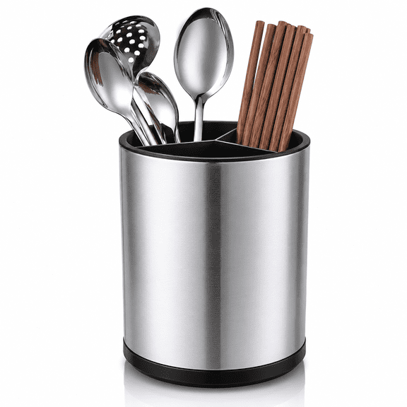 Extra Large Kitchen Utensil Holder,360° Rotating Stainless Steel Cooking Utensil Holder for Countertop,3 Compartment Flatware Organizer & Cooking Caddy with Removable Base(Silvery)
