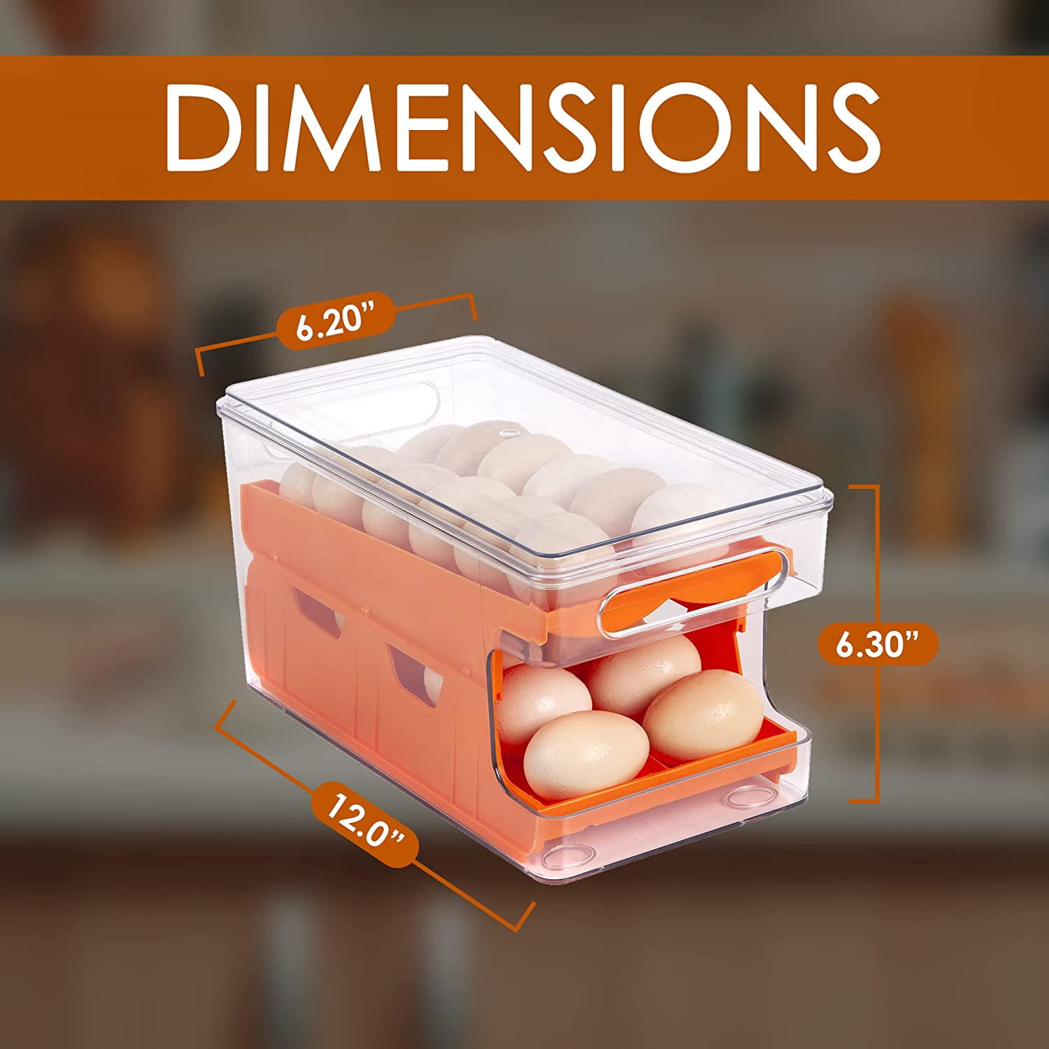 Container For Eggs, Stackable Fridge Egg Organizer With Lid, Storage Container Tray, Holder for Refrigerator, Large Capacity Double track Automatic Rolling (ORANGE)