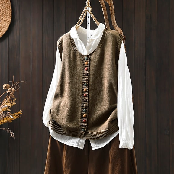 thefmos Women's Sleeveless Button Front Knit Vest Colorful Buttons Loose Fit Solid Color Casual Jacket Trendy Fall Winter Clothes, Army Green Free Size