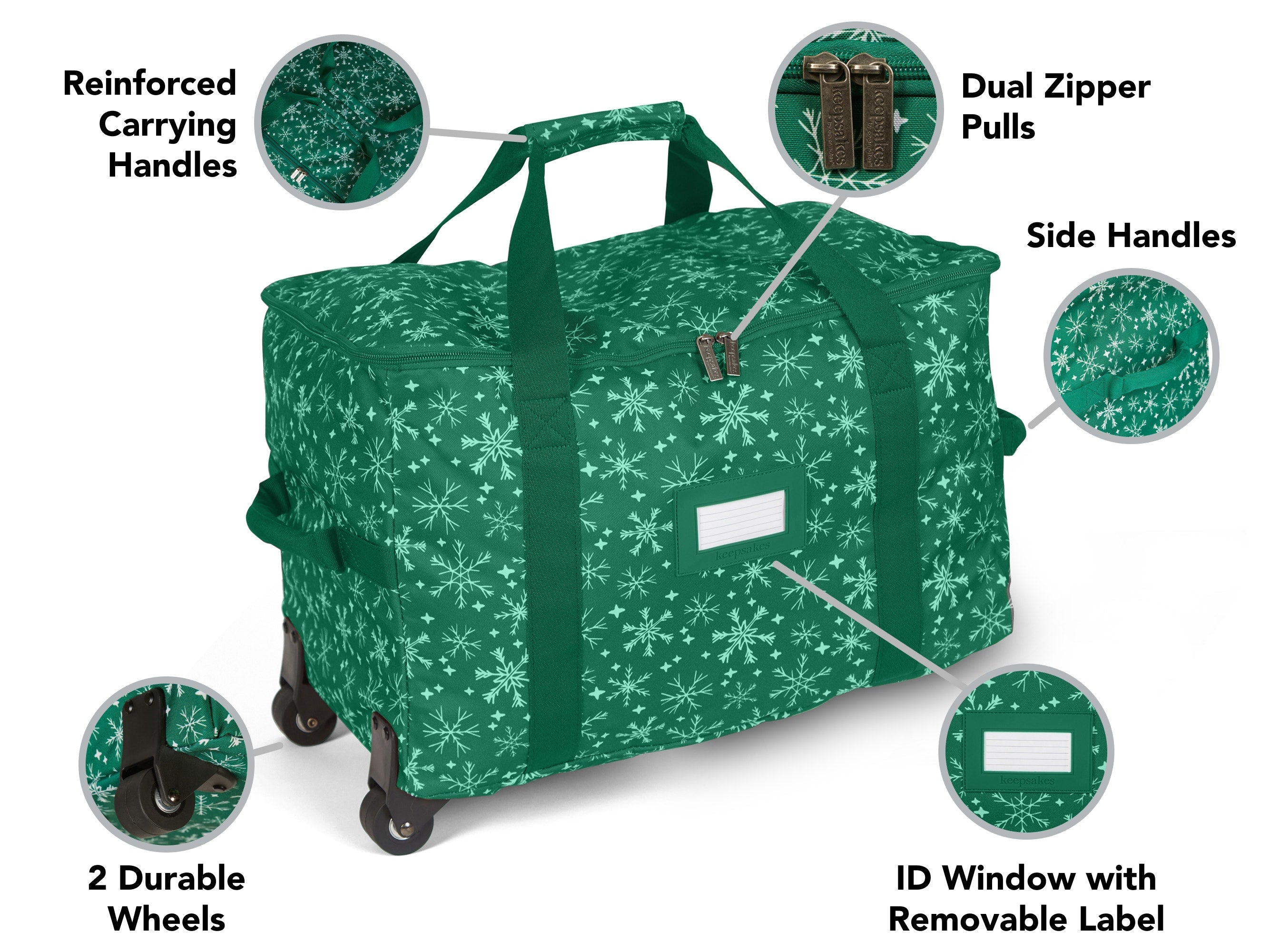 Covermates Keepsakes Rolling Treasurekeeper Storage Bag - Carrying Handles, ID Window, Dual Wheels - Holiday Storage, Green Snowflake