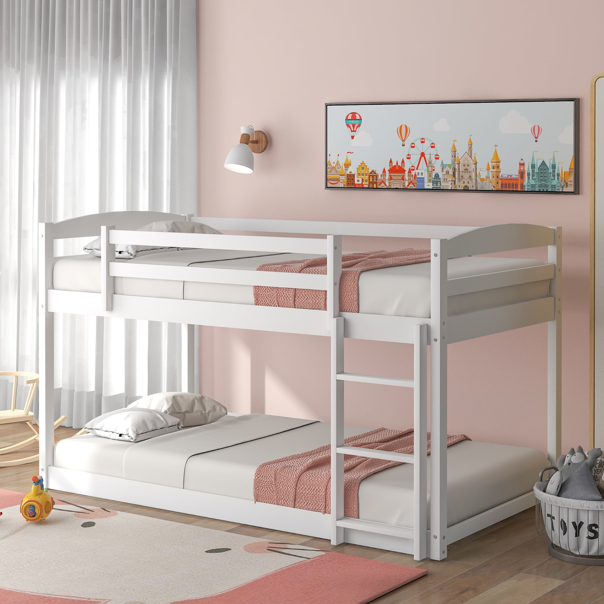 Merax Twin Over Twin Floor Bunk Beds with Ladder and Guardrail, White