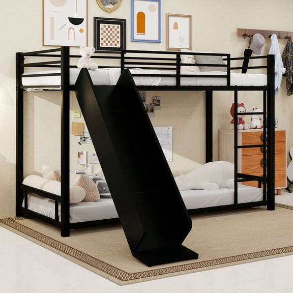 Morufur Twin over Twin Metal Bunk Bed with Slide and Ladder, Black Floor Bunk Bed Frame with Safety Guardrails, Sturdy Slats Support for Bedroom