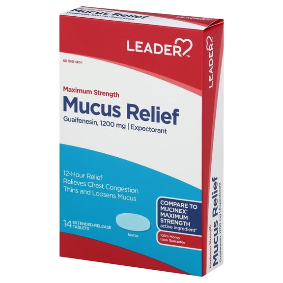 Leader Mucus, Chest Congestion Relief Maximum Strength, 1200mg Guaifenesin, 14 Extended-Release Tablets