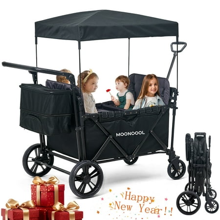 NAIZEA 4 Seater Stroller Wagon, Quad Stroller Wagon for 4 Kids, Push Pull Collapsible Toddler Wagon Stroller with Canopy, Convertible Seats, 5-Point Harnesses, Snake Tray