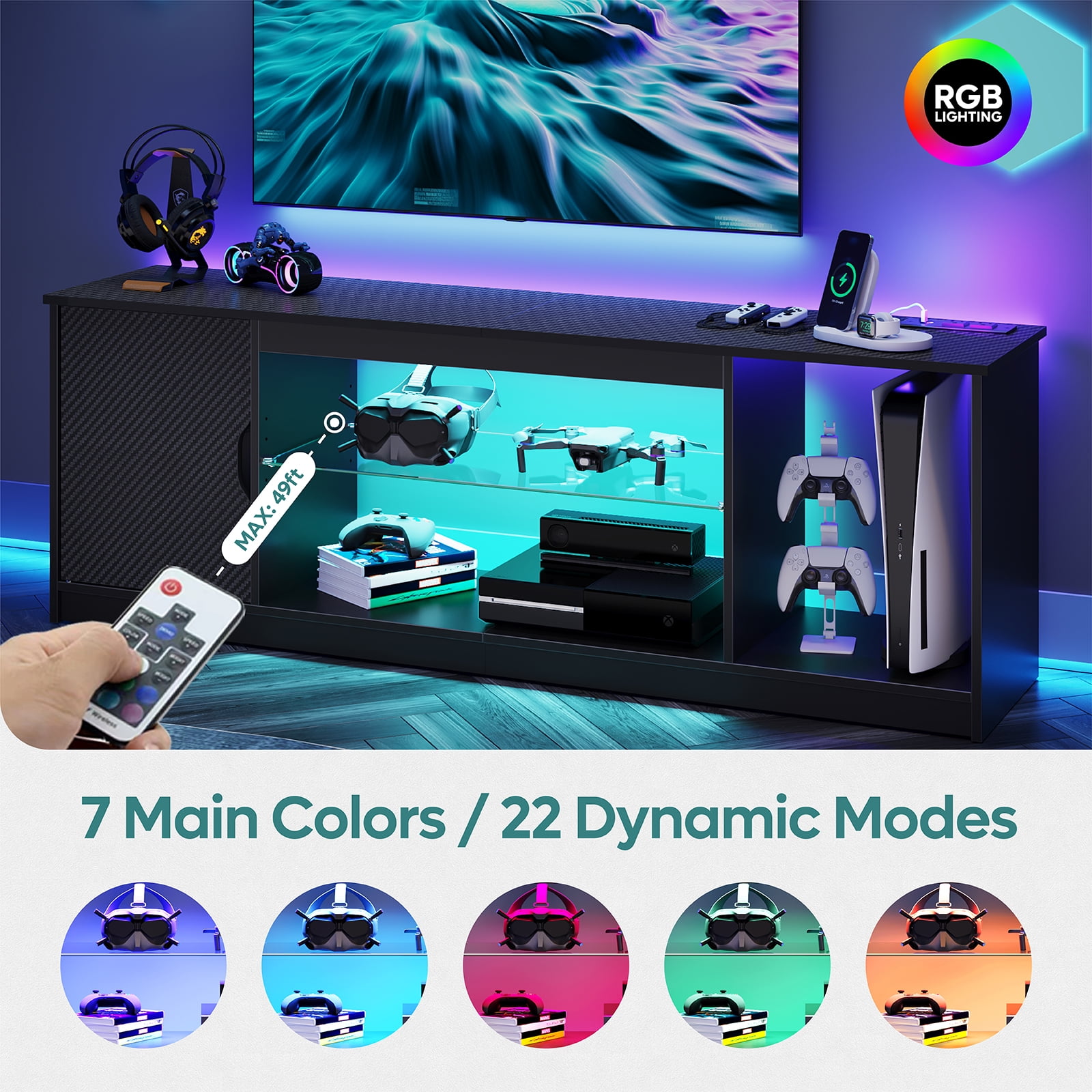 Bestier LED TV Stand for TVs up to 65", Entertainment Center with Power Outlet & Storage Cabinet, Carbon Fiber