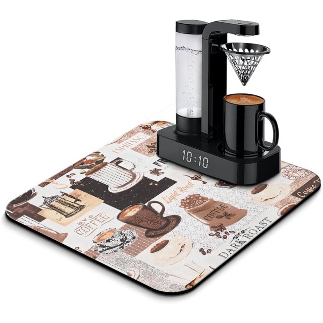 Coffee Bar Mat Accessories for Countertop Absorbent Hide Stain Rubber Backed Dish Drying Mats for Kitchen Counter Draining Pad Decor Gift Fit Under Coffee Maker Coffee Pot Espresso Machine (18x16in)