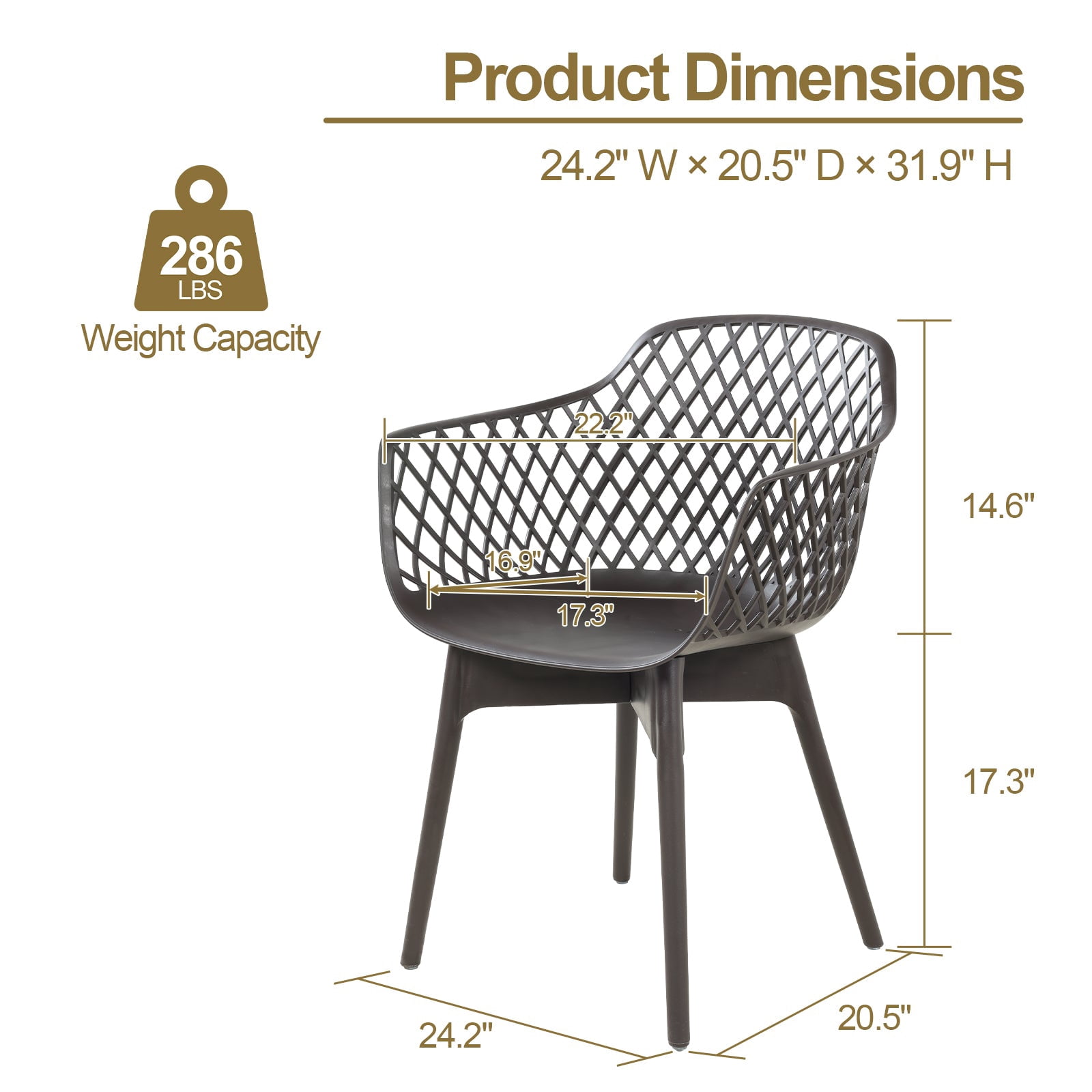 Aoodor Modern Dining Chairs Set of 2, Weather-Resistant Plastic Cafe Chairs with Ergonomic Back and Non-Slip Pad, Suitable for Patio, Restaurant, Yard, Porch, Balcony, Brown