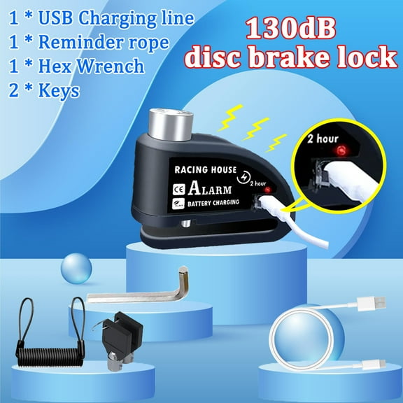 Motorcycle Alarm disc Brake Lock - USB Rechargeable, 130 Decibel Sound, Anti-Theft and Waterproof, Suitable for Various Bicycle and Motorcycle Models. with Reminder Rope and hex Wrench. (Black)