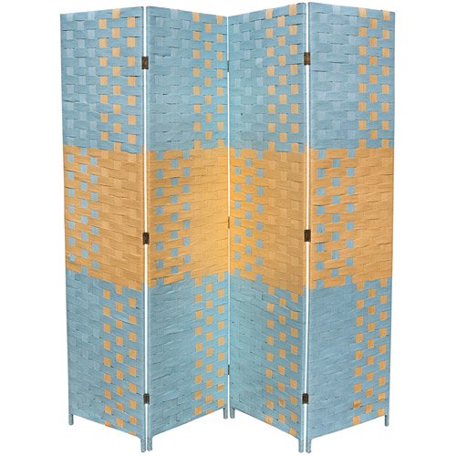 70.75" Tall 4-Panel Screen / Room Divider with Paper Straw Weave design, Blue and Natural