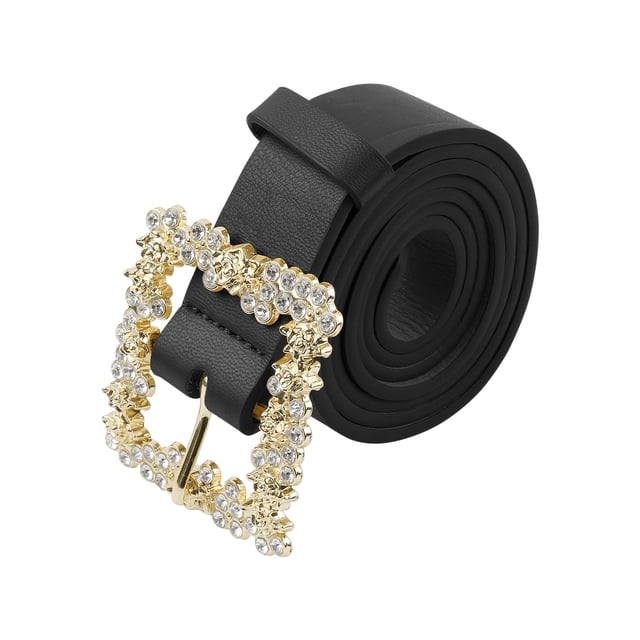 Cinturones de hebilla de rhinestone para mujeres INSPIRE CHIC, cinturón de cintura de cuero sintético decorativo y elegante para jeans, pantalones y vestidos 41.3x1.1" negro
