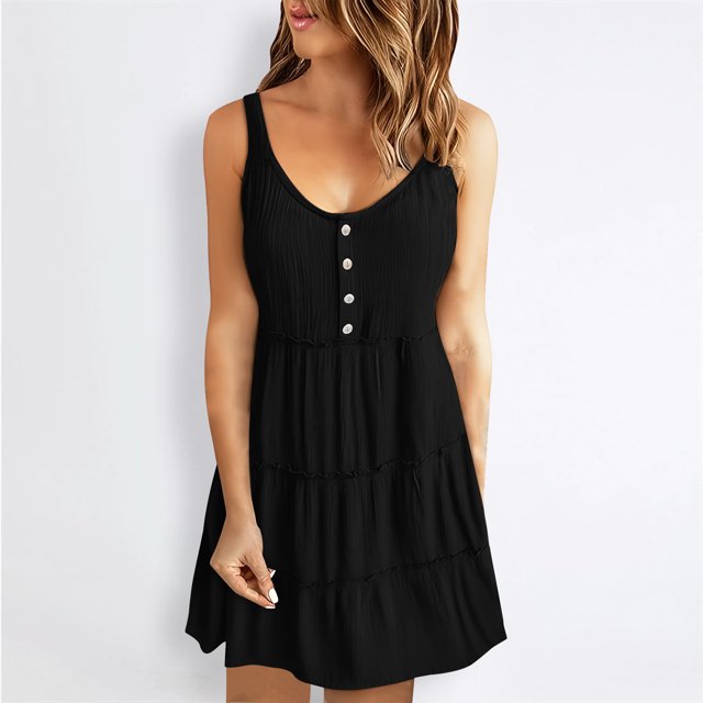 FcBaudy Robe Camis Sans Manches à Col Rond, Robes pour Femmes, Robes pour Femmes Mode Féminine Été Décontractée Bretelles Col Rond Couleur Unie Robe Sans Manches Femme Lavage à l'Eau Jupe à Plis
