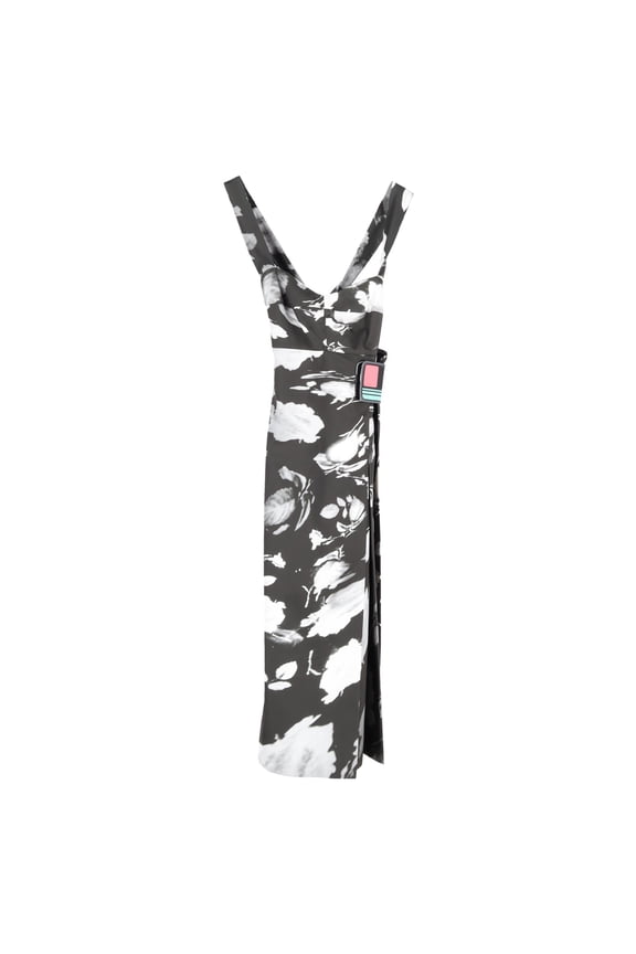 Pre-Owned Prada Floral-Print Wrap Midi Dress in Black and White Polyester