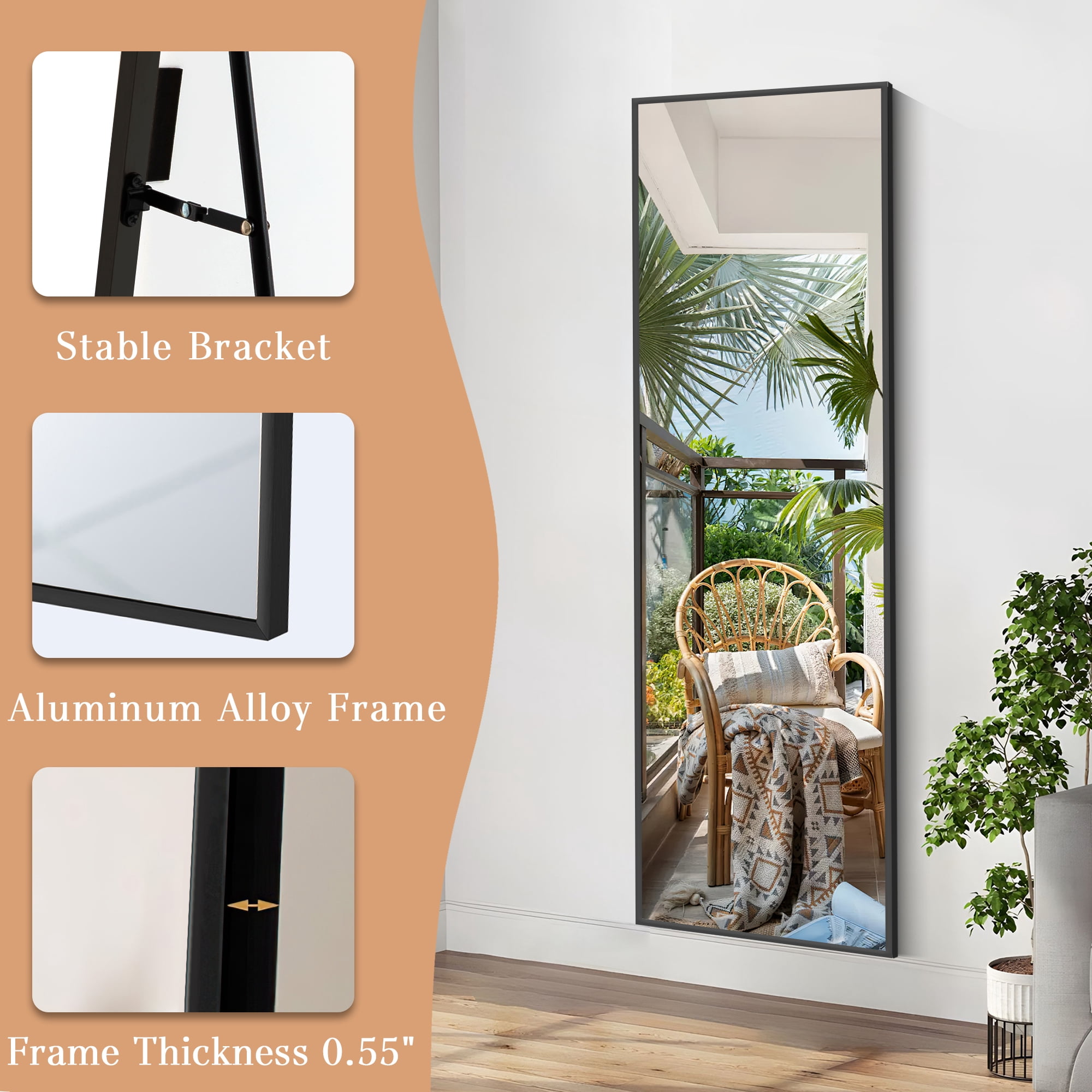 MAYEERTY Freestanding Full Length Mirror with Stand, Aluminum Alloy Floor Mirror Wall Mounted for Bedroom Living Room, 58x18in, Black