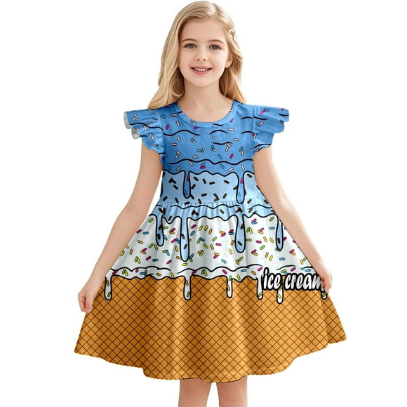 WEIYLL Summer Dresses Girls Trendy 2025 Sleeveless Fly Sleeve Toddler Kids Ice Cream Print Sky Blue Dress Clothes 5-6 Years