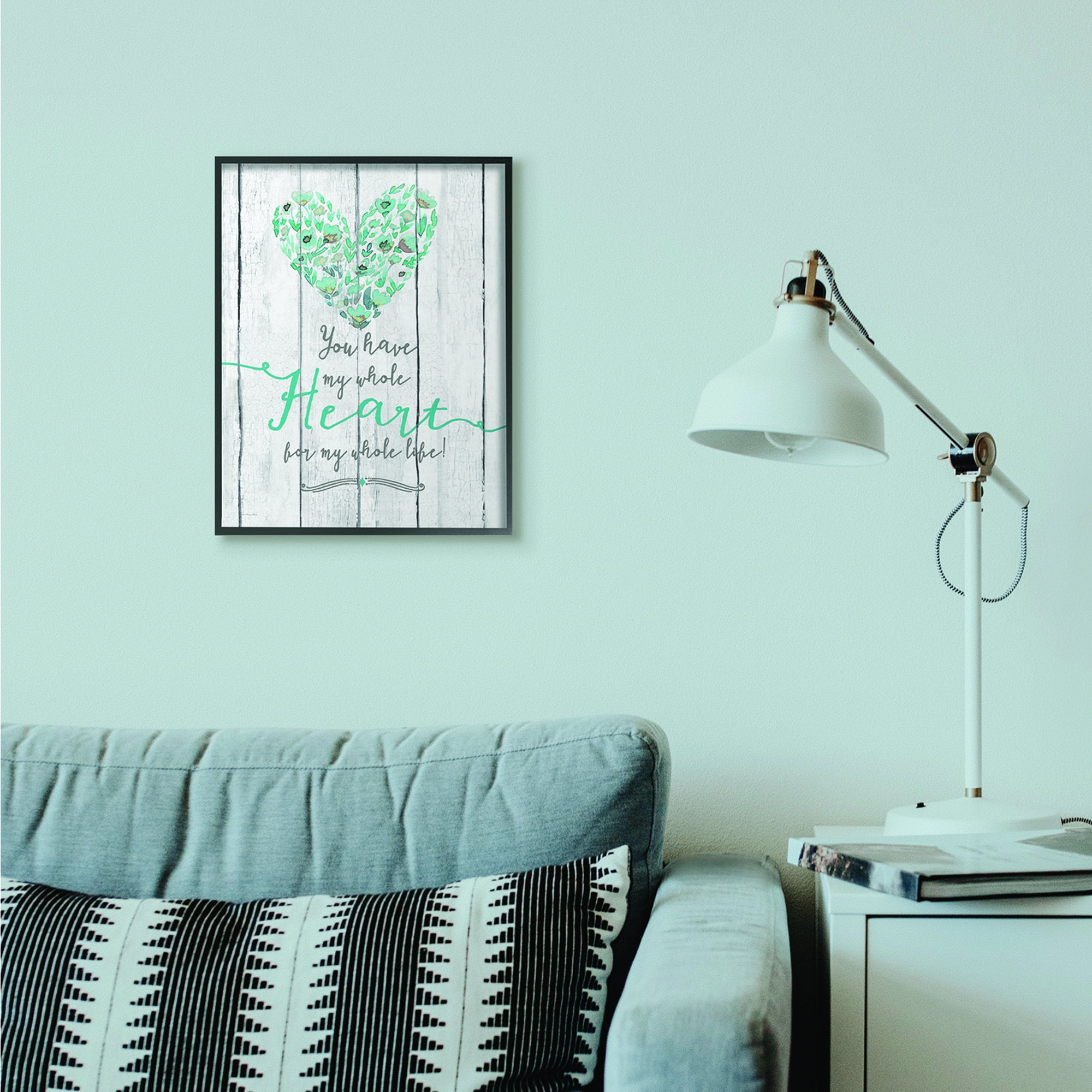 Stupell Industries My Whole Heart Blue Green Wood Textured Word Design Framed Wall Art by Jo Moulton