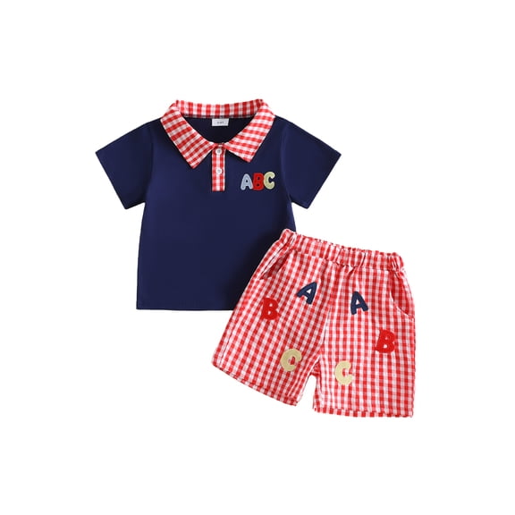 BemeyourBBs Toddler Baby Boys Back to School Outfit Baby First Day of School Outfits 2 3 4 5 6 7 Years Short Sleeve Embroidery Alphabet Shirt Plaid Shorts Set Toddler Boy Kindergarten Summer Outfit