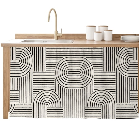Cabinet Curtain Beige Black Graphic Lines Kitchen Shelf Curtain Desk Under Sink Curtain Skirt Privacy Drape Cover Boho Geometric Contrast Stripes Cabinet Curtains for Kitchen Laundry Room 32x55 Inch