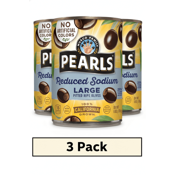 Pearls Reduced Sodium Black Ripe Olives, 6 oz Can. Major Allergens Not Contained, Pack of 3