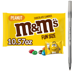 M&M's Fun Size Peanut Milk Chocolate Candy Bag with pen