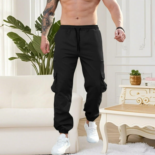 ylioge Cargo Pants for Men Chinos Work Trousers with Pockets and Drawstring Elastic Waisted Casual Solid Color Tapered Leg Athletic Workout Jogging Pant
