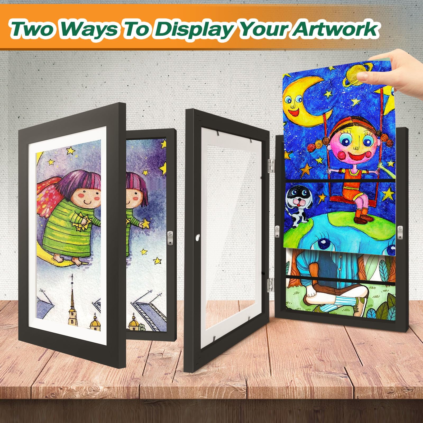 Kids Frames, 8.5x11 Front Opening Kids Artwork Frames Changeable, Black Artwork Display Storage Frame for Wall, Holds 50 Pcs, for 3D Picture, Crafts, Children Drawing, Hanging Art, Portfolio