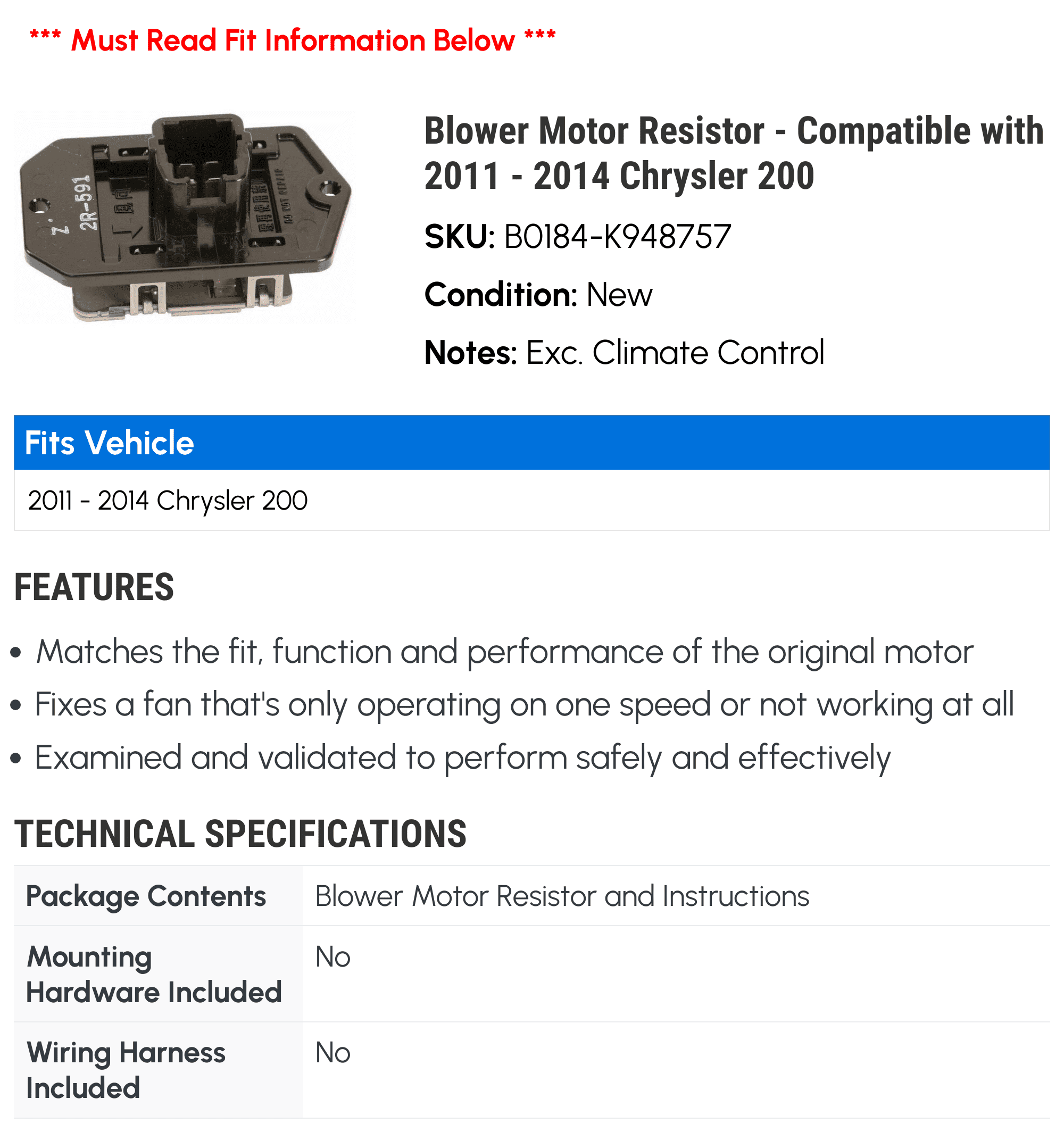 Blower Motor Resistor - Compatible with 2011 - 2014 Chrysler 200 - Dorman