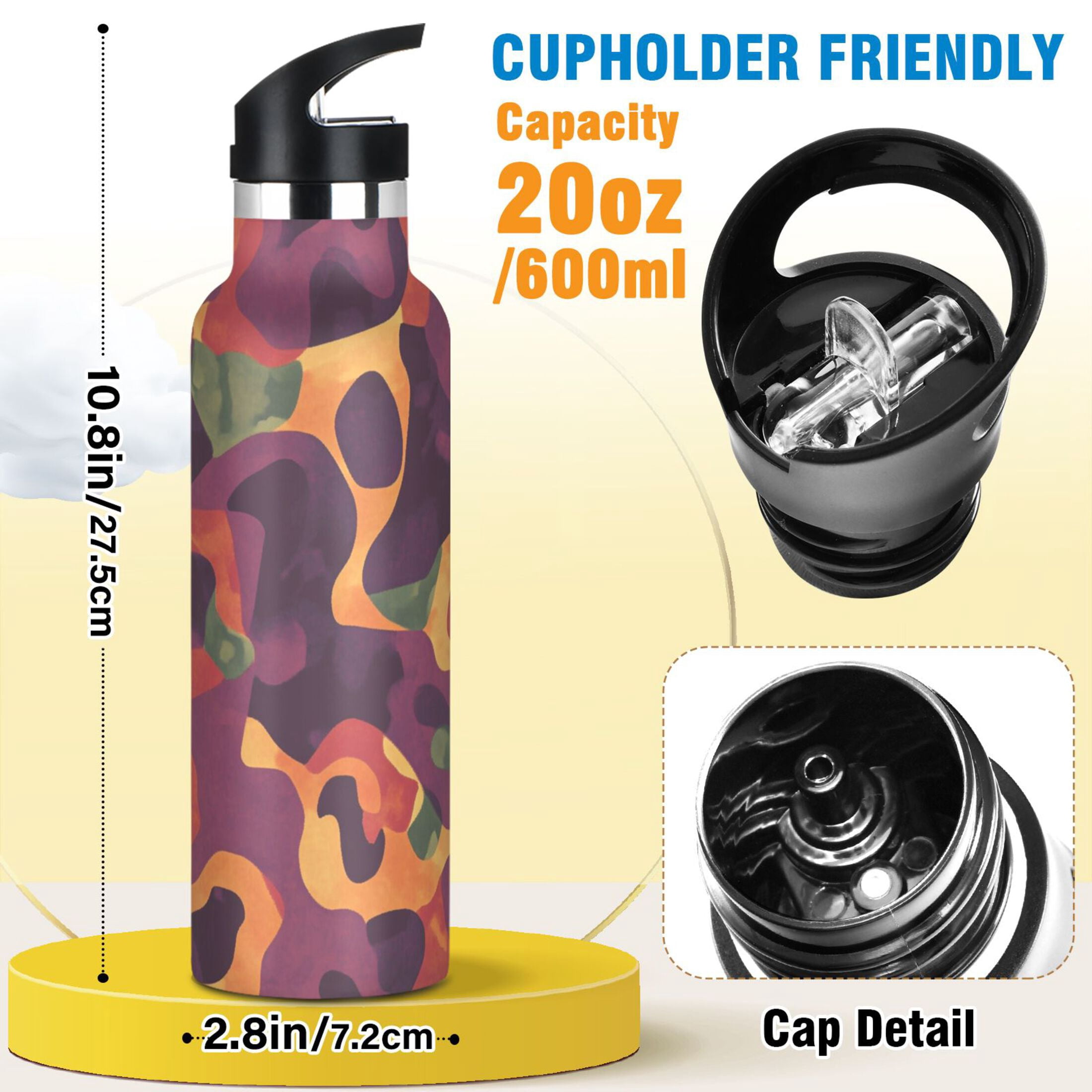 Kids Insulated Stainless Steel Sports Water Bottle 600ml (20oz) Abstract Pizza Pattern