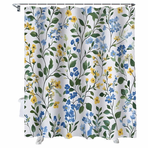 Shower Curtains Blue Yellow Flowers Bath Curtain Plant Green Leaves Waterproof Bathroom Shower Curtain Set with Hooks Decoration 72 x 84 Inches