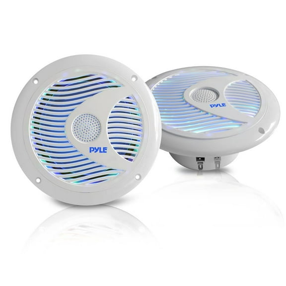 PYLE PLMR6LEW - 6.5 Inch Dual Marine Speakers - IP44 Waterproof and Weather Resistant Outdoor Audio Stereo Sound System with Built-in Led Lights, 150 Watt Power and Polyprone Cone - 1 Pair (White)