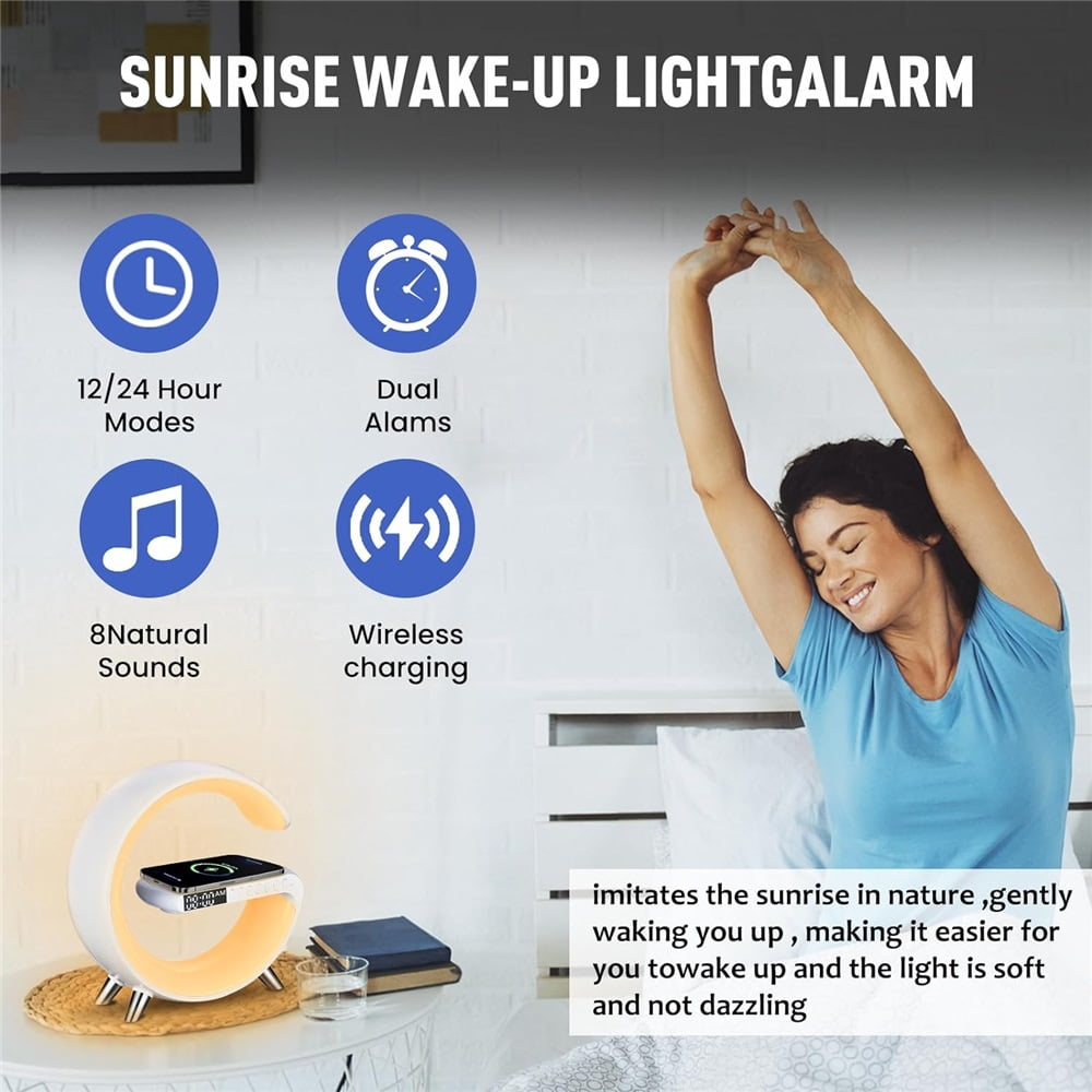 Smart LED Desk Lamp, 4-in-1 Wireless Charger, Night Light, Alarm Clock and Bluetooth Speaker with App Control for Bedroom, Office and Home Decoration,White