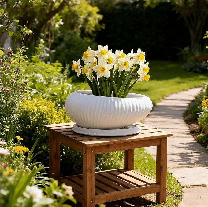 33 x 21 x 13.5 cm Oval White Ceramic Ribbed Planter