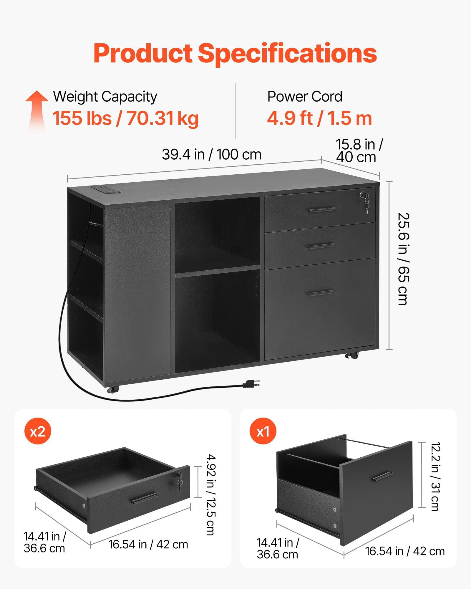 3 Drawer Wooden File Cabinet with Power Strip, Mobile Rolling Office Storage Cabinet with Lockable Drawers, Adjustable Shelves, and 5 Casters for Home or Office Organization, Black