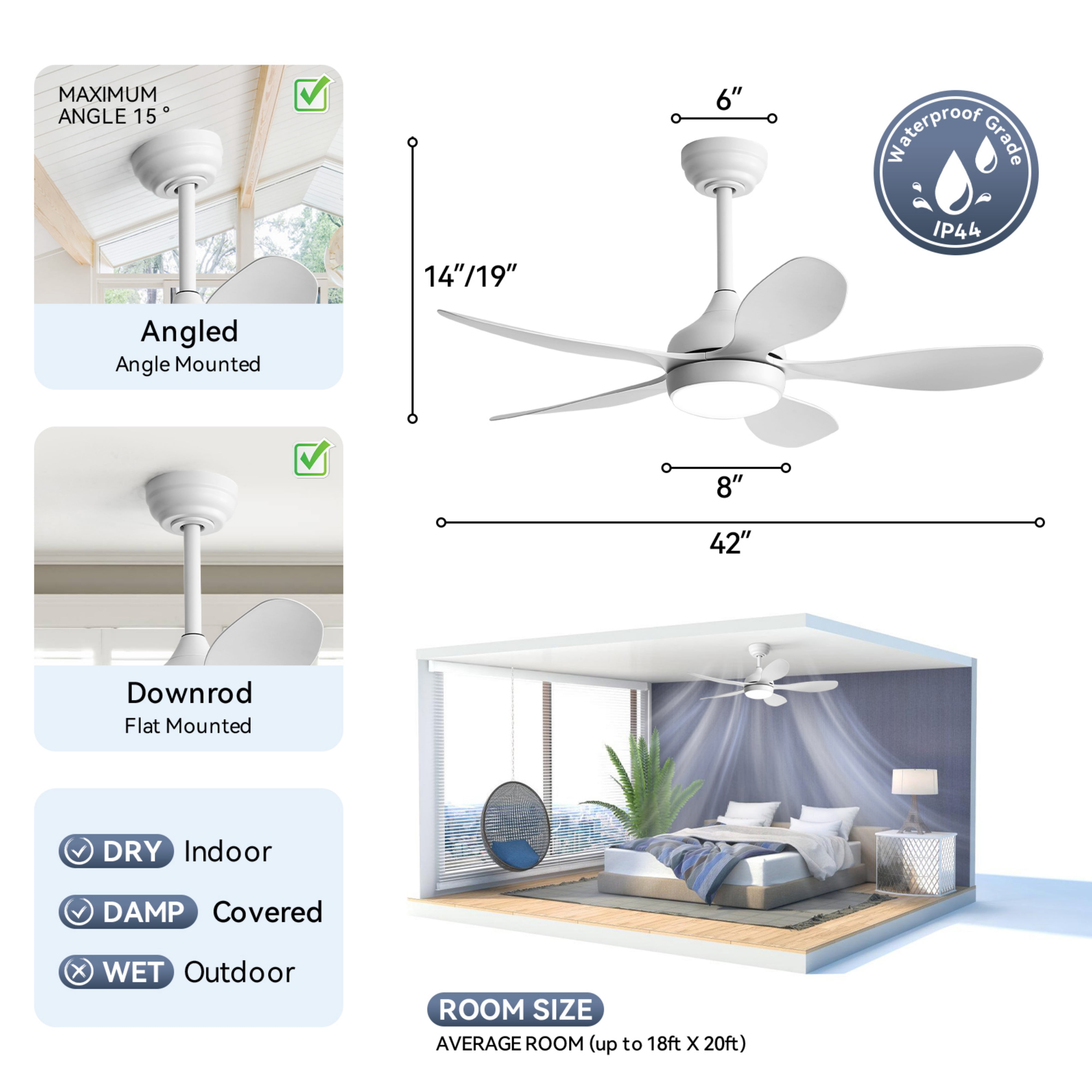 Sofucor 42 Inch Ceiling Fan with Light and Remote Cotnrol 6 Speeds DC Reversible Motor