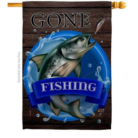 Angeleno Heritage H130356-BO 28 x 40 in. Gone Fishing Sports Vertical House Flag with Double-Sided Decorative Banner Garden Yard Gift