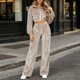 thumbnail image 7 of Women's Zip Up Cropped Jacket 2 Piece Loungewear Soft Velour Top Wide Leg Pants Sets with Pockets Loose Casual Tracksuit Y2K Streetwear Khaki, 7 of 7