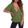 thumbnail image 6 of Womens Sexy Deep V Neck T-Shirts Summer Short Sleeve Tops Casual Loose Plus Size Fit Basic Tees Summer Womens Tops Army Green L, 6 of 6