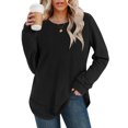 thumbnail image 6 of Waffle Knit Tunic Tops For Women Fall Long Sleeve Shirts Curved Hem Crew Neck Loose Fit Fashion Clothing Outfits Plus Size Casual Comfy Black S, 6 of 7