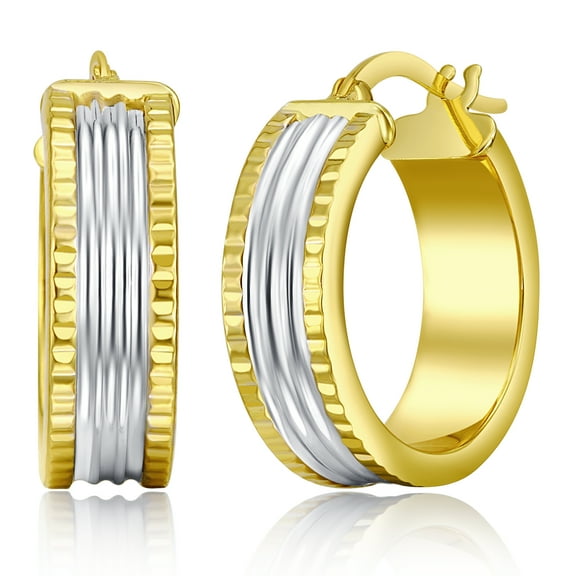 Wellingsale Ladies 14k Two Tone Yellow and White Gold Polished Diamond Cut 6mm Side Hoop Earrings (20 x 20 mm)