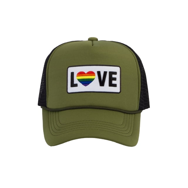 Gravity Threads LGBTQ+ Love Rainbow Heart Patch Trucker Hat - Olive/Black