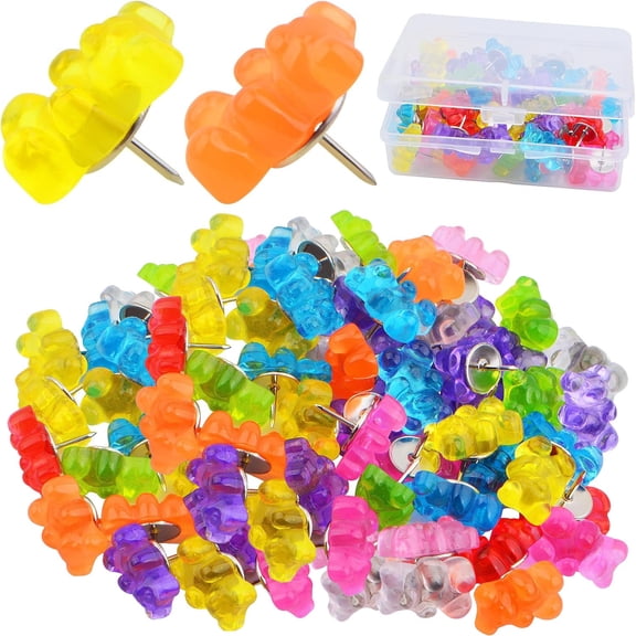 50pcs Colorful Translucent Gummy Bear Push Pins Cute Resin Bear with A Box for Home Office Bulletin Board Corkboard Hanging Posters