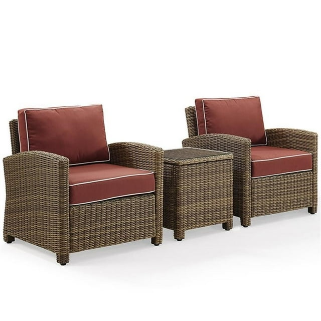 Afuera Living Modern 3 Piece Wicker Patio Conversation Set in Brown and Sangria