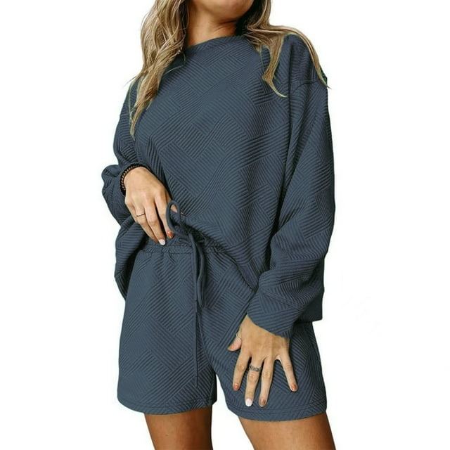 Timegard Shorts Sets for Women Long Sleeve Crewneck Pullover Wide Leg Shorts Fall Trend Loose Outfits