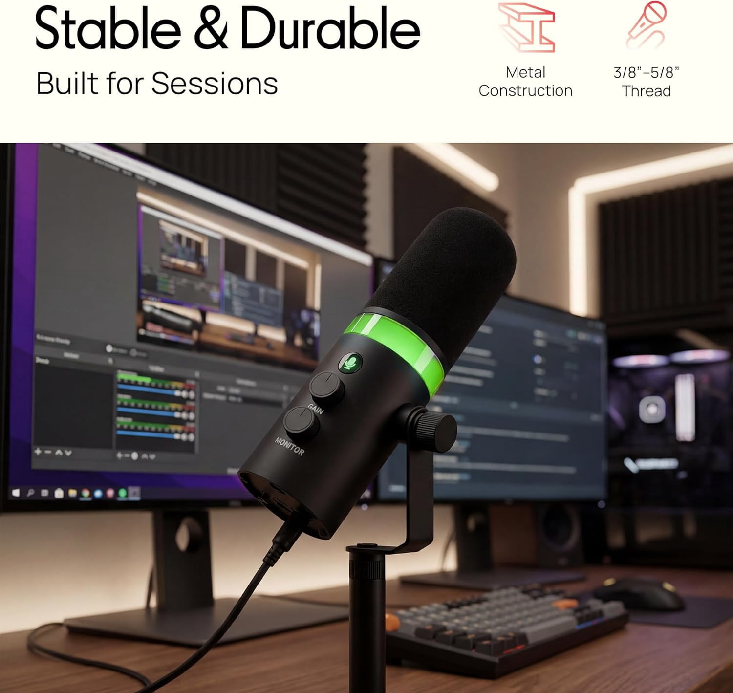 Dynamic Microphone with RGB Light, Dual USB/XLR Input for Podcast Streaming