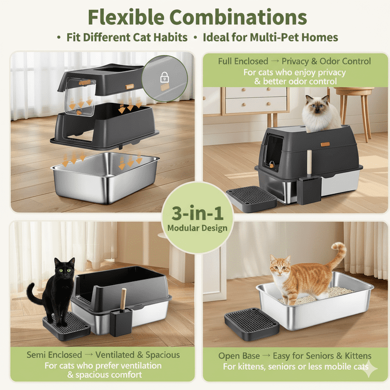Gimars XL 3-in-1 Stainless Steel Litter Box with Lid, Dual Top and Front Entry, 16in High Wall Design for Kittens and Large Cats