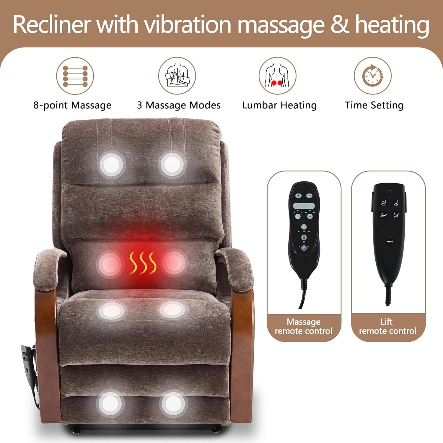 Power Lift Recliner Chair for Elderly People, Dual Motor Lift Chair with Vibration Massage and Heat, Lay Flat Recliner with Solid Wood Armrest, Standing Assistance Reclining, Chenille Fabric Brown