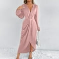 thumbnail image 6 of FRSASU Women's Wrap V Neck Long Sleeve Satin Midi Dress Split Hem Ruched Pleated formal Evening Party Dresses Pink, 6 of 8