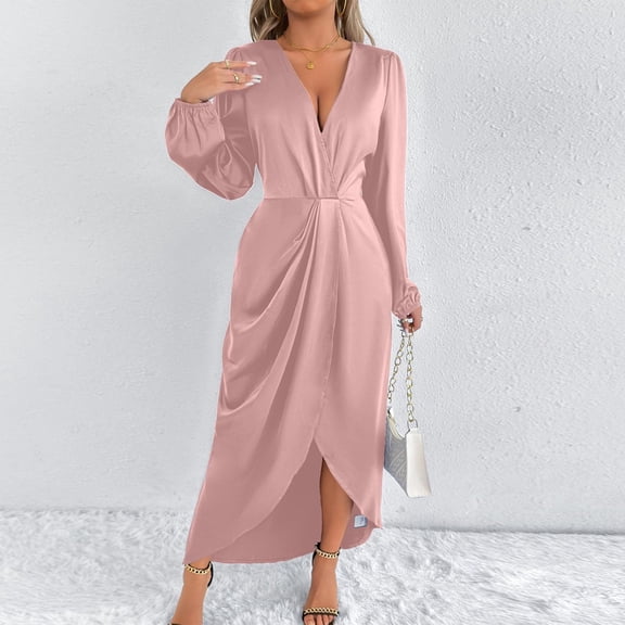 Women's Wrap V Neck Satin Dress Oversized Split Hem Ruched Pleated Evening Party Dresses Womens Casual Solid Elegant Long Sleeve Elastic Waist Dress Formal Wedding Cocktail Party Maxi Dresses