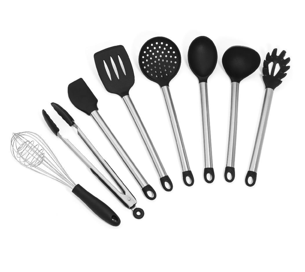 Serving Spoon Grey/Silver Slotted Spoon and Spaghetti Scoop Soup Ladle Kitchen Utensil Set with Spatula Hangable Kitchenware mDesign Set of 6 Stainless Steel and Nylon Kitchen Accessories 