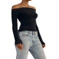 thumbnail image 3 of Women y2k Fairycore Tops Solid Color Off Shoulder Flared Long Sleeve T-Shirts, 3 of 6