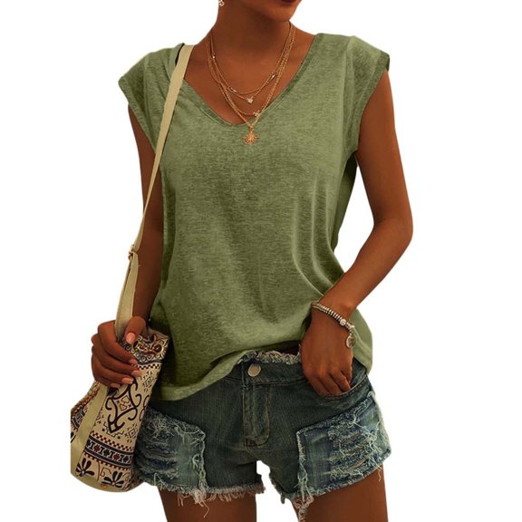 Women Plus Size T-Shirt Blouse Sawvnm Womens Solid Color Cap Sleeve Blouses T-Shirt Casual Loose Fit Basic Tank Tops for Women Army Green M